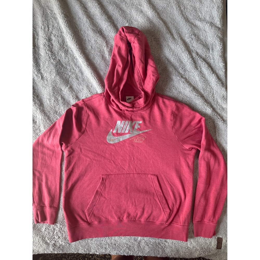 Nike Womens Pink Glitter Swoosh Logo Fleece Pullover Hoodie Sweatshirt Medium